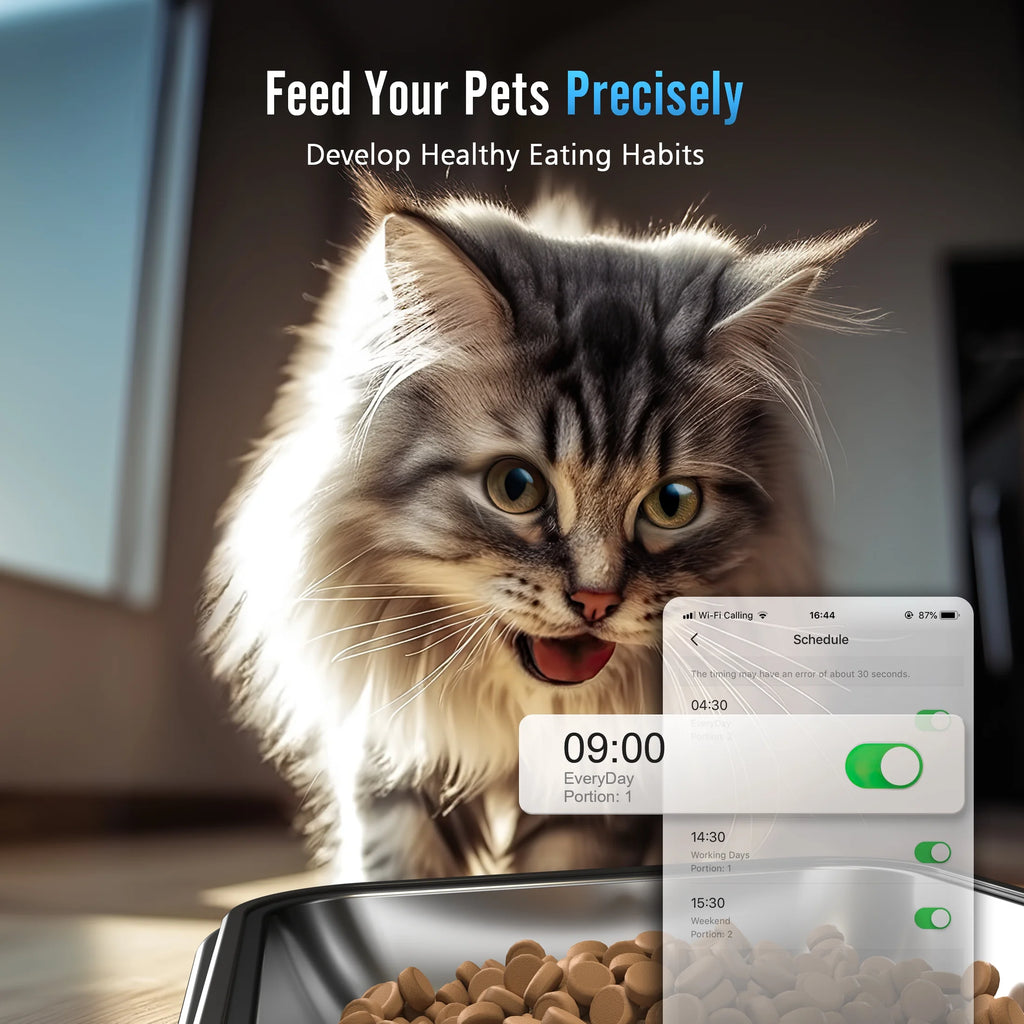5L Automatic Cat Feeder with Wi-Fi and App Control, PFD-002 PRO Double Bowl Pet Food Dispenser with Desiccant Bag, Timed Feeder for Multiple Cats or Small Dogs - Black