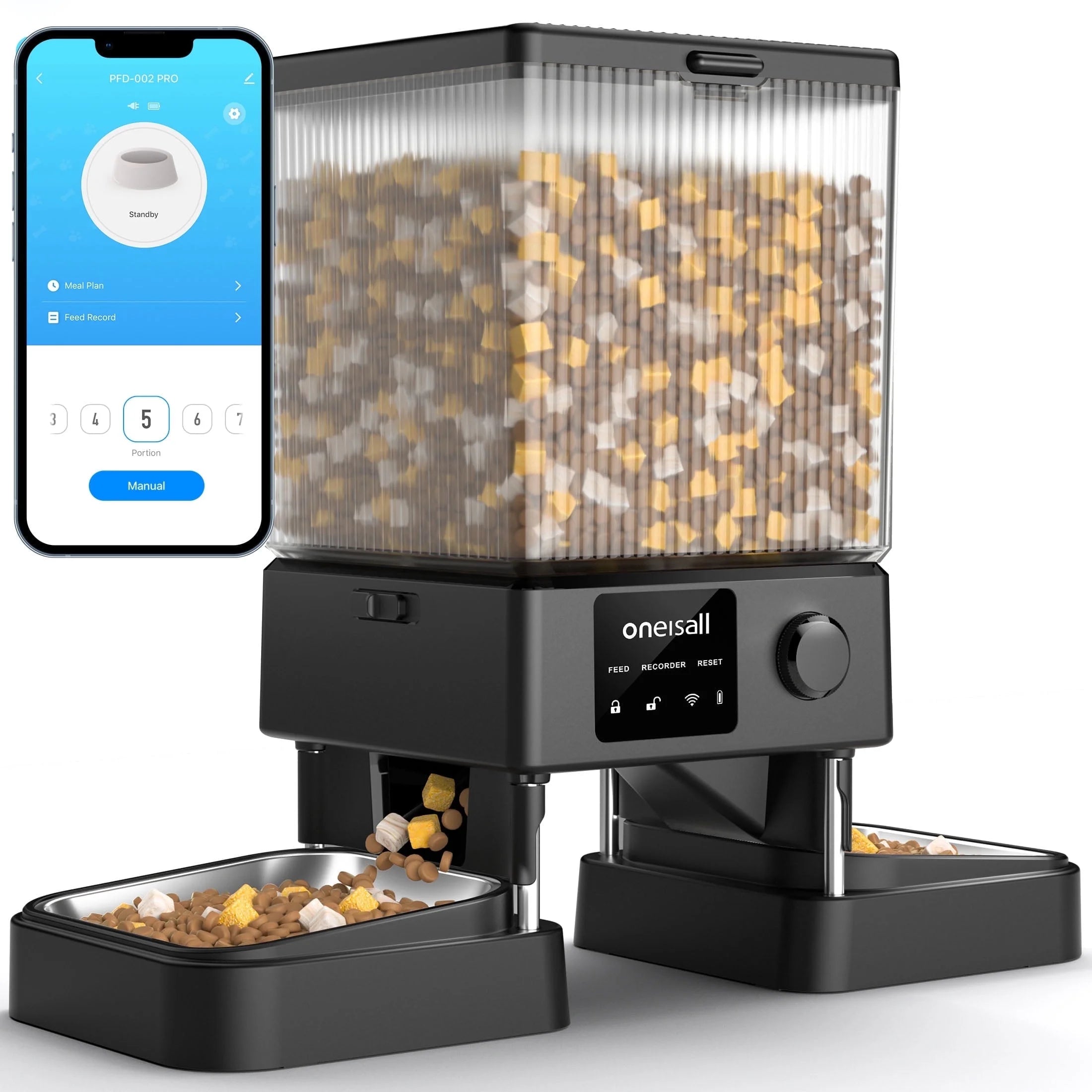 5L Automatic Cat Feeder with Wi-Fi and App Control, PFD-002 PRO Double Bowl Pet Food Dispenser with Desiccant Bag, Timed Feeder for Multiple Cats or Small Dogs - Black